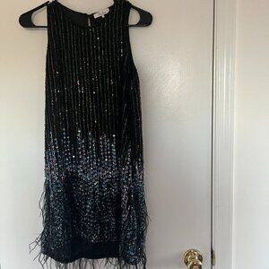 Parker Cocktail Dress S Beaded Sequin Feather Hem Glam Party Eveningwear
